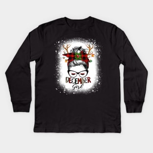 Reindeer Messy Bun December Girl Christmas December Birthday Bleached Kids Long Sleeve T-Shirt